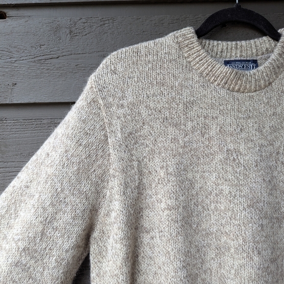 VTG 80s Lands' End Oatmeal Tan Wool Crew Neck Knit Sweater Ladies XL - Picture 2 of 6